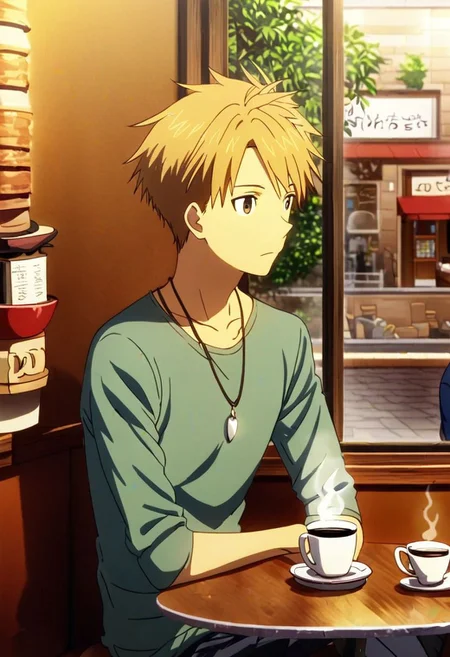 high resolution, solo, best quality, 1Boy, Yamato Ishida, Blond Hair, Necklace, cafe, corner, sit, casual, coffee, waiting, wide mirror, outside view, OverallDetail