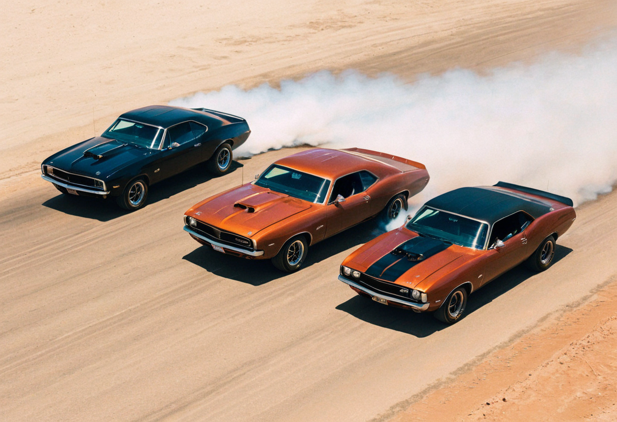 ClassicMuscleCar, ((multiple muscle cars racing)), front side view, sunny, desert, smoke trail, aerial view, motion blur, 4K, highly detailed, (stylish grainy analog 35mm film photo)