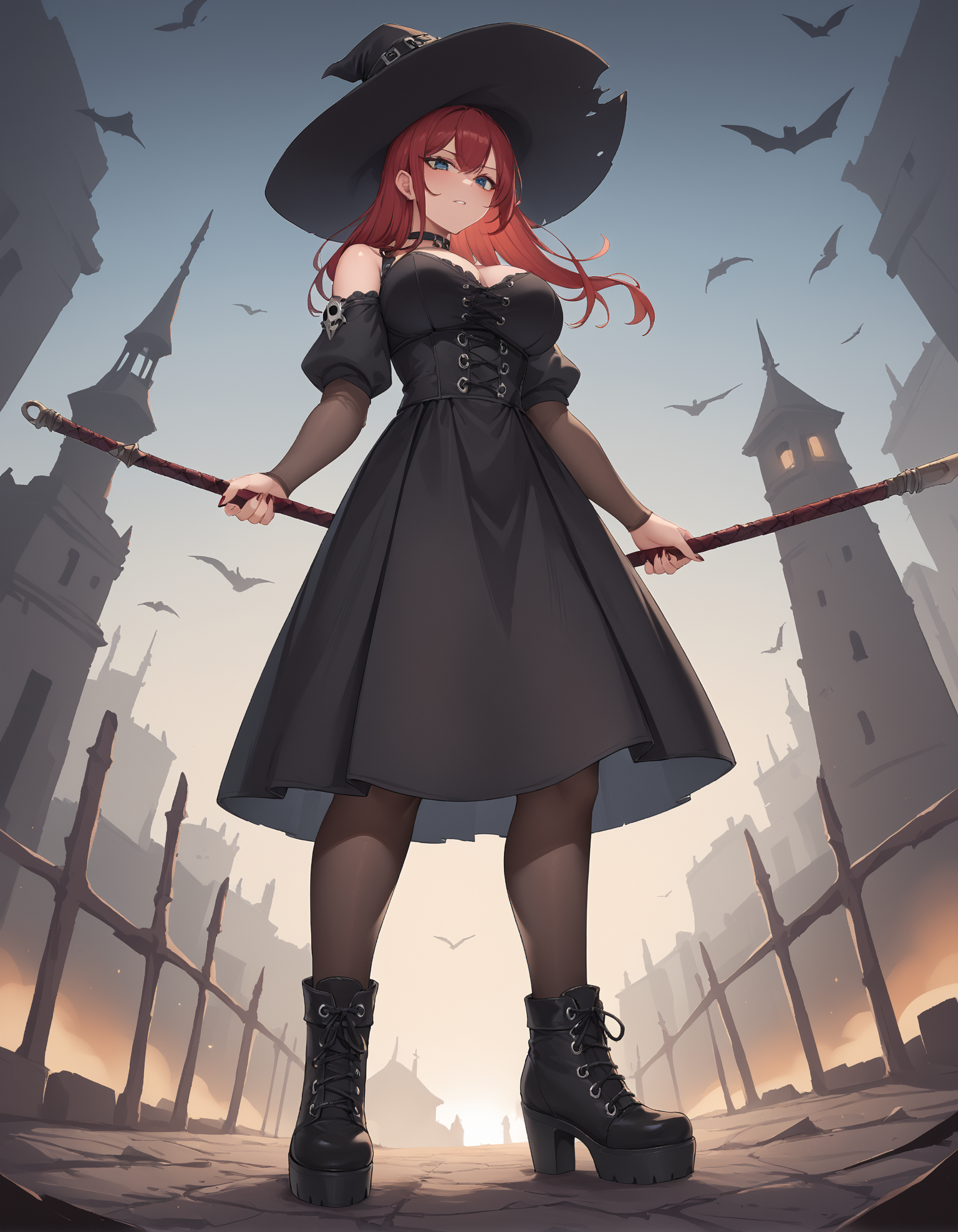 score_9, score_8_up, score_7_up, score_6_up, source_anime,
1girl, goth, 
wide angle, (low angle:1.15), full body,
standing,
witch costume,
battlefield, horror aesthetic,
looking down,
red hair, large breasts,
sh1tk1cker shoes,
embedding:zPDXLrl ,
embedding:zPDXL2 ,