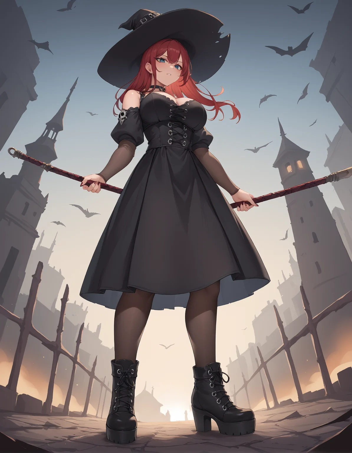 score_9, score_8_up, score_7_up, score_6_up, source_anime,
1girl, goth,
wide angle, (low angle:1.15), full body,
standing,
witch costume,
battlefield, horror aesthetic,
looking down,
red hair, large breasts,
sh1tk1cker shoes,
embedding:zPDXLrl ,
embedding:zPDXL2 ,