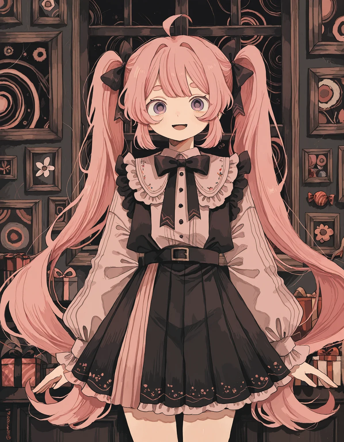 masterpiece, best quality, newest, highres, absurdres, <lora:wasabi_natsume_style_r1:1>,wasabi_natsume_illu,abstract,surreal, 1girl, twintails, pink hair, solo, long hair, window, bow, purple eyes, candy, food, bangs, skirt, smile, very long hair, gift, open mouth, looking at viewer, watermark, long sleeves, ahoge