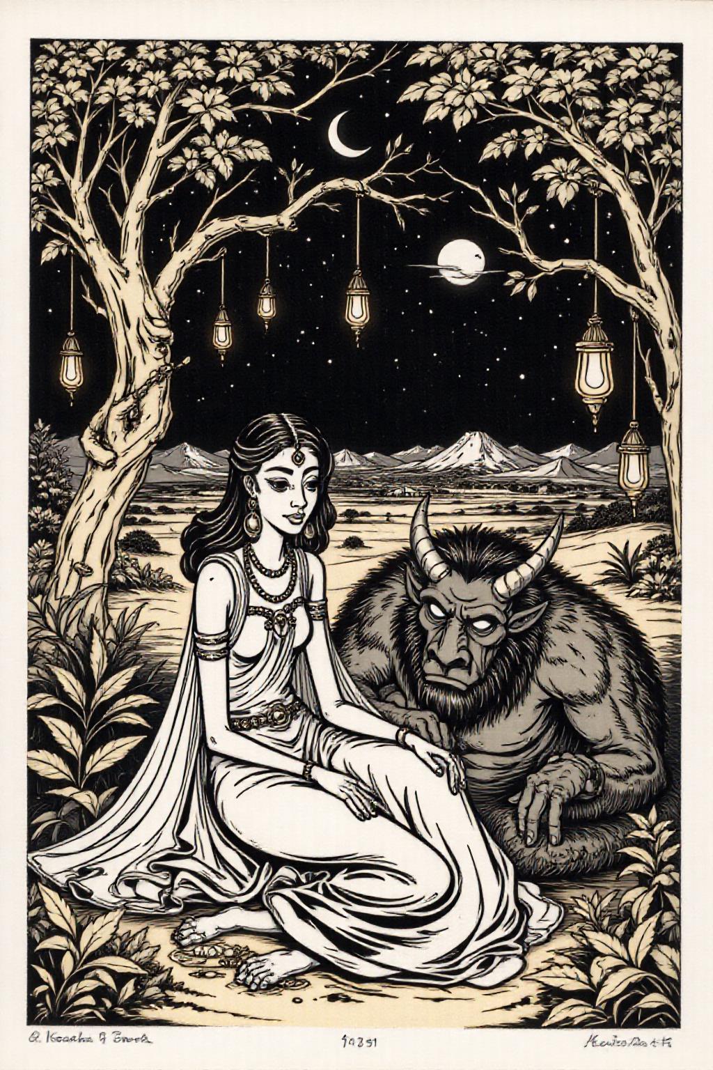 k1ooster black and white drawing of of a scene from Arabian Nights, rendered in intricate, colorful detail. A beautiful woman sits gracefully under a sprawling tree with lush, curving branches and hanging vines. She has striking, almond-shaped eyes, dark flowing hair, and wears elegant traditional attire with ornate jewelry that glimmers softly under the moonlight. Her expression is calm and serene as she gazes thoughtfully into the distance. Resting his head gently on her lap is a large demon with a powerful, otherworldly presence. The demon, though fearsome in size, appears vulnerable as he lies beside her. His skin has a muted, earthy tone, and his features--sharp and beastly--are softened by a look of weary contentment. His claws are retracted, and he exudes a mixture of strength and peace in her presence. The tree's twisted branches arc above them, framing the scene like a natural canopy. Golden lamps hang from the tree, casting warm, soft light, illuminating the two figures in a magical glow. The background is a deep, starry night, with hints of distant desert dunes and a crescent moon overhead, creating an enchanting and mystical ambiance that draws the viewer into this world of fantasy and myth.  <lora:Flux-Sch-SingleBlocks-BF16:1.0> <lora:Clippy_-_Microsoft_Office_F1D:0.8> <lora:Klooster.Border.D8A4.R15E10.ep10:0.8><lora:796188019569830193:0>