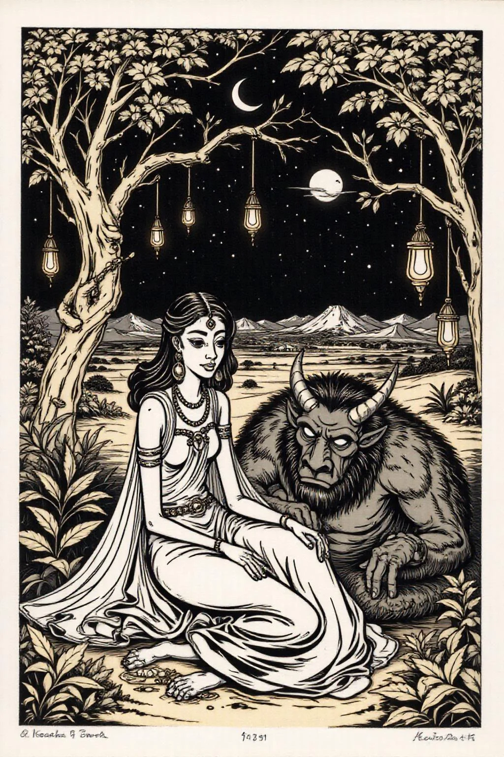 k1ooster black and white drawing of of a scene from Arabian Nights, rendered in intricate, colorful detail. A beautiful woman sits gracefully under a sprawling tree with lush, curving branches and hanging vines. She has striking, almond-shaped eyes, dark flowing hair, and wears elegant traditional attire with ornate jewelry that glimmers softly under the moonlight. Her expression is calm and serene as she gazes thoughtfully into the distance. Resting his head gently on her lap is a large demon with a powerful, otherworldly presence. The demon, though fearsome in size, appears vulnerable as he lies beside her. His skin has a muted, earthy tone, and his features--sharp and beastly--are softened by a look of weary contentment. His claws are retracted, and he exudes a mixture of strength and peace in her presence. The tree's twisted branches arc above them, framing the scene like a natural canopy. Golden lamps hang from the tree, casting warm, soft light, illuminating the two figures in a magical glow. The background is a deep, starry night, with hints of distant desert dunes and a crescent moon overhead, creating an enchanting and mystical ambiance that draws the viewer into this world of fantasy and myth. <lora:Flux-Sch-SingleBlocks-BF16:1.0> <lora:Clippy_-_Microsoft_Office_F1D:0.8> <lora:Klooster.Border.D8A4.R15E10.ep10:0.8><lora:796188019569830193:0>