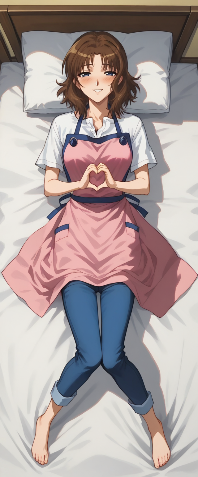 score_9, score_8_up, score_7_up, masterpiece,anime coloring, anime screencap,BREAK
Expressiveh, AoiKashima,pink apron,white shirt,blue pants,  <lora:AoiKashima:0.8>,full body,((knees apart feet together)),bedroom, on bed, on back, head on pillow, looking at viewer, wide shot,from above, straight-on, blush,seductive smile, happy,<lora:add-detail-xl:1>, <lora:Expressive_H:1>, hands on own stomach, heart hands