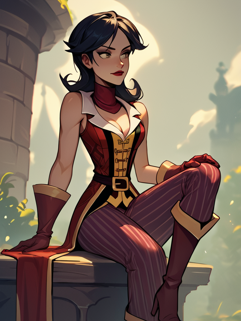 score_7_up, score_8_up, score_9, masterpiece, (1girl, solo,)perfect face, perfect hands, high quality, source_anime, <lora:Morgan_LeFlay_-_Tales_of_Monkey_Island:1>Morgan_LeFlay, black hair, cleavage, red jacket, sleeveless, striped pants, high heel boots,