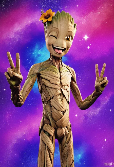 score_9, score_8_up, score_7_up, male, solo, groot2, young, skinny, flora fauna, made of wood, muscular, alien, noseless, amber eyes, smile, eyelids, wink, smile, flirty, open smile, tongue out, happy, expressive, standing, raised arms, perfect hands, (aged down, petite:1.2), slim, raised hands, double v, leaning forwards, hip focus, cocked hip, null, flower, sparkle, cocked hip, looking at viewer, one eye closed, winking, starry sky, (realistic, 3d:1.2), shading, psychedelic background, knock-kneed, rainbow colors, dynamic, masterpiece, extreme detail, zPDXL3, zPDXLrl, zPDXLpg