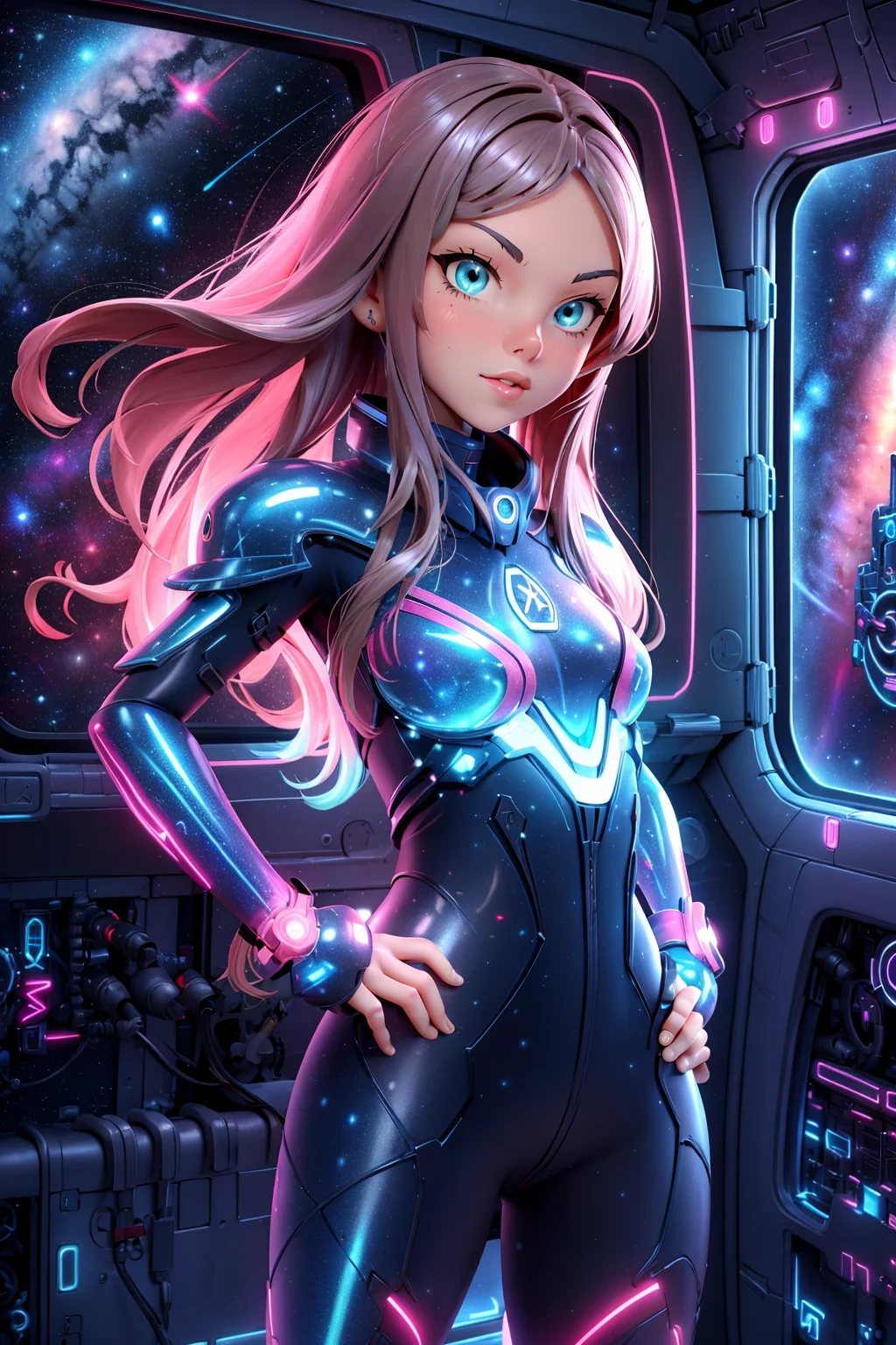 (AnjelikaV2:1.2),
1girl, dark fantasy warrior, neon circuits infused, glowing blue lines, intricate armor, anime-inspired, tech-infused wall, high detail,
standing, hands on hips, slightly leaning to one side, relaxed,
Space station interior, expansive window views of galaxies, holographic displays, sleek metallic surfaces