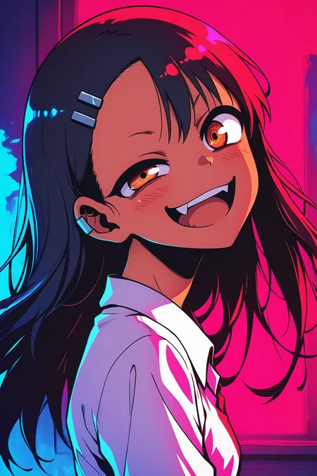 masterpiece, best quality, amazing quality, very aesthetic, absurdres, newest,  portrait, colorful, high contrast, glowing, vibrant colors, red, pink, blue, color splash, neon, backlight, looking at viewer, uneven eyes, red nails, upper teeth, long pointed nails, smug, smile, fang, from side, wind effect, floating hair, head tilt, <lora:g0thicILL:0.7> g0thic, neon, <lora:NagatoroIXL_v2:0.5> zzNagatoro,  white shirt, hairclip, earclip, <lora:NLSTN-IL:0.8> nlstn