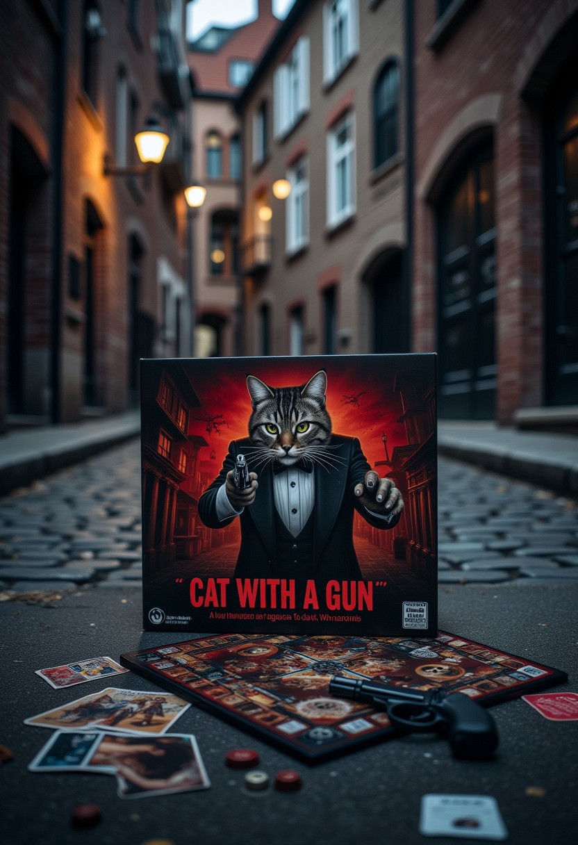 The image is a photograph of a dark, sinister board game box for "Cat with a Gun," a board game. The box features a dark, scary illustration. Dominating the front is a housecat, with an evil expression, wearing a tuxedo. The cat holds a pistol, pointing it at the viewer. 
The board game is sitting in a dark alley.