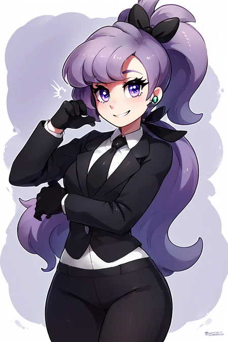 score_9, score_8_up, score_8, medium breasts, (curvy), cute, eyelashes, BREAK, , ,,, zzAnabel, purple hair, purple eyes, long hair, ponytail, ribbon, hair ribbon, bangs, black ribbon, black suit, formal, black tie, black gloves, <lora:Anabel_Pokemon_PDXL:0.8>, ,,,, BREAK, smile, looking at viewer, ,,, abstract background, white outline, cowboy shot, ,,, embedding:zPDXL, Expressiveh, ,,, <lora:theOtherHalfPDXL:0.8>, <lora:CatalystStylePDXL:0.6>, <lora:SDXLFaeTastic2400:0.5>, <lora:Expressive_H-000001:0.4>,