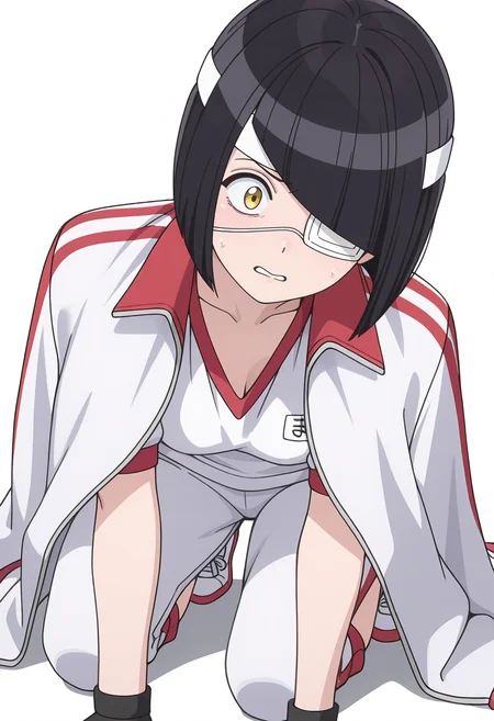 Smooth Quality,masterpiece,very intricate, high quality details, ultra realistic, high detailed skin,detailed enviorement,
simple background, white background, horrified,
prostration,
<lora:Nakanaka_Omoharu_cnn:0.8> nakanakaomoharucnn, 1girl,black hair, short hair, bangs, bob cut, yellow eyes, eyepatch,
gym uniform, track jacket,white shirt, jacket on shoulders, fingerless gloves, pants,headband,