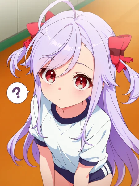 masterpiece, best quality, amazing quality, 1girl, solo, looking at viewer,
navy buruma, gym uniform, white shirt,
anime coloring, <lora:Niizuma_Yae_SIRIUS-10:1>, Niizuma_Yae_SIRIUS, long hair, red eyes, hair bow, red ribbon, purple hair, two side up, ahoge, sidelocks, swept bangs, spoken question mark