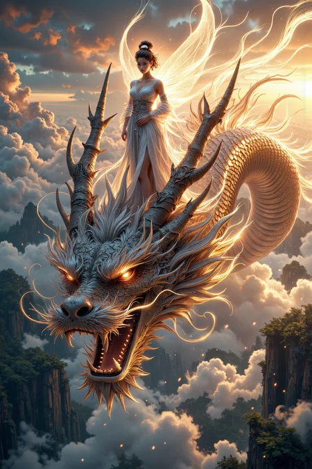 mythp0rt, A close-up of an Eastern dragon's head partially visible, emerging swiftly from thick clouds with dynamic motion blur that emphasizes the sense of speed. Standing confidently on the dragon's head between its two large horns is a beautiful fairy, who is the central focus of the image. She is dressed in flowing white robes that billow dramatically in the wind, adding a sense of grace and ethereal movement. Her expression is one of unwavering determination, her eyes fixed forward with a strong, resolute gaze.
The dragonâs head is only partially shown to emphasize the fairy as the main subject, with its intricate scales and glowing eyes partially visible, adding a sense of power and mysticism. The background features swirling clouds illuminated by a soft, golden light from the setting sun, enhancing the dreamlike, mythical atmosphere of the scene. The entire image is captured in a hyper-realistic style with ultra-fine details, showcasing every texture of the fairy's flowing robes and the dragon's scales.
The use of high contrast and vibrant colors adds to the dramatic effect, creating a high-quality, fantastical depiction that combines realism with a sense of magic and mythology. The scene conveys a powerful and enchanting moment, filled with motion and mythical beauty.
<lora:FluxMythP0rtr4itStyle:0.75> mythp0rt,
<lora:aidmaGLOWV4wc:0.6> aidmaGlow,
<lora:glowing_flux:0.6>, 
<lora:edgy_fashionista_flux_ntc_v2:0.5>,
<lora:bokeh_flux_ntc:0.5>,
<lora:detailed_flux_ntc:0.5>