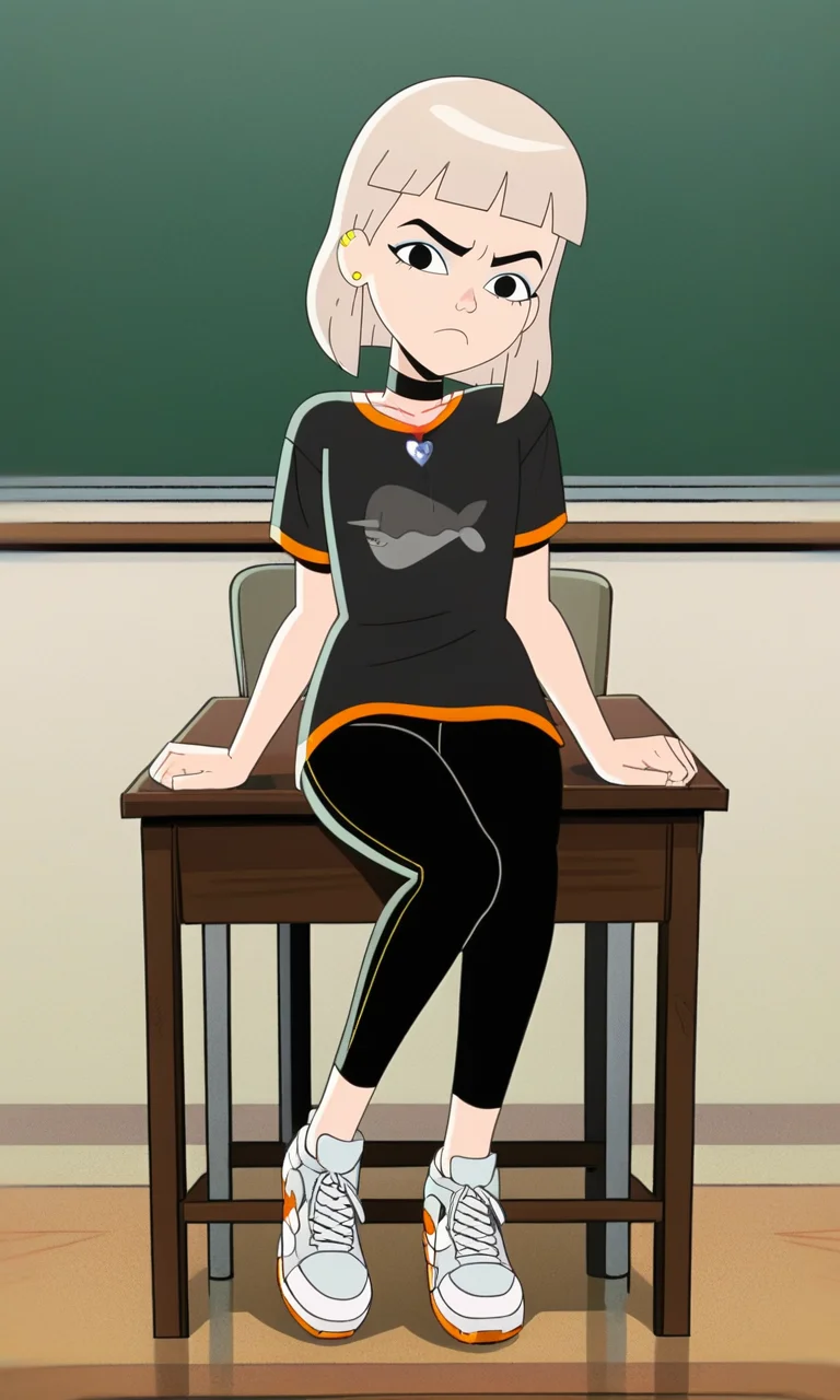 score_9, score_8_up, score_7_up, JentryChau, 1girl, blonde hair, medium hair, bangs, earrings, heart necklace, choker, frown, full body, black eyes,  looking at viewer, show accurate style, source_cartoon , flat colors,AddXL,Perfect Hands, school background, from above, sitting in chair, desk,  classroom, looking at viewer, black shirt, graphic shirt, black pants, white sneakers, annoyed, head tilt, dutch angle, hands on desk, half-closed eyes, mouth open, disgusting, 