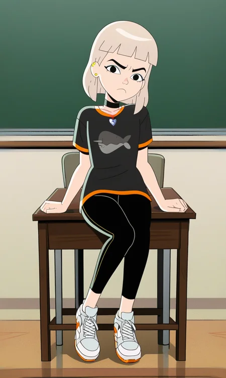 score_9, score_8_up, score_7_up, JentryChau, 1girl, blonde hair, medium hair, bangs, earrings, heart necklace, choker, frown, full body, black eyes,  looking at viewer, show accurate style, source_cartoon , flat colors,AddXL,Perfect Hands, school background, from above, sitting in chair, desk,  classroom, looking at viewer, black shirt, graphic shirt, black pants, white sneakers, annoyed, head tilt, dutch angle, hands on desk, half-closed eyes, mouth open, disgusting, 