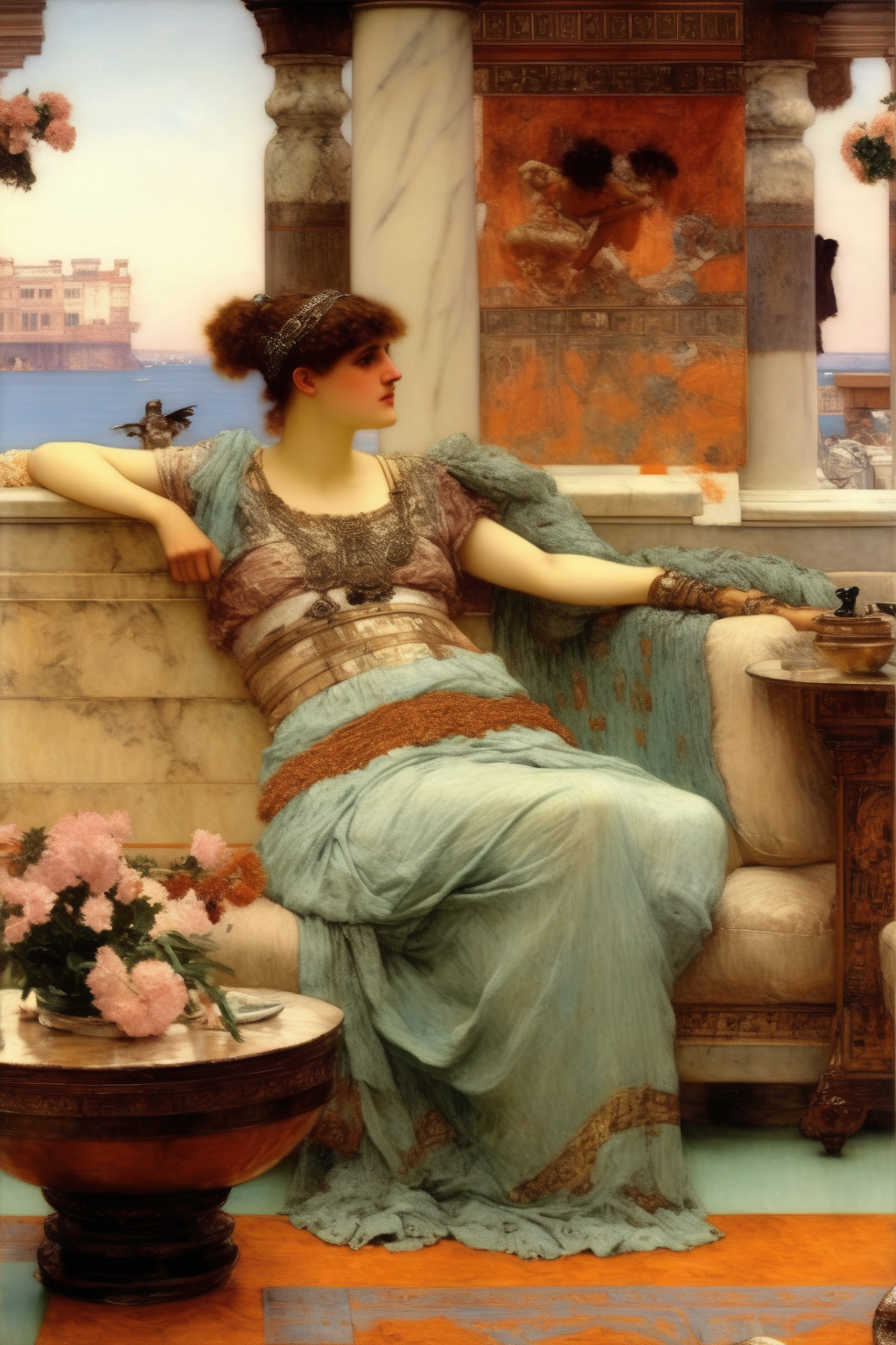 <lora:Lawrence Alma Tadema Style:1>Lawrence Alma Tadema Style - Awesome Sir Lawrence Alma-Tadema painting of the SITTING ROOM WITH FEMININE DECOR of a Beautiful Victorian era Home