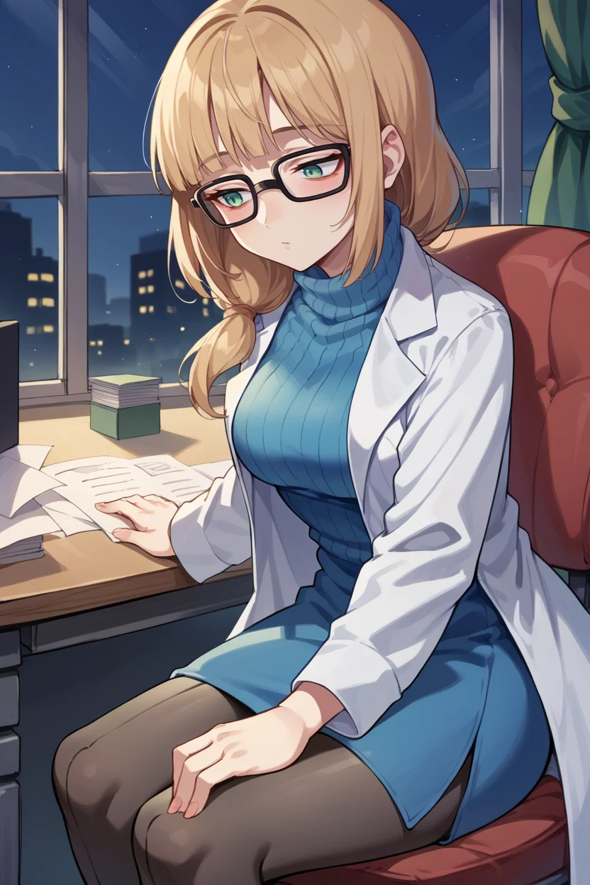 score_9, score_8_up, score_7_up, score_6_up, source_anime, BREAK 1girl <lora:pkmnoleana-pdxl-nvwls-v1-000005:1> pastOleana, medium hair, blunt bangs, tied hair, hair over shoulder, glasses, labcoat, blue turtleneck sweater, long sleeves, miniskirt, pantyhose, sitting, desk, chair, night, window, indoors, office
