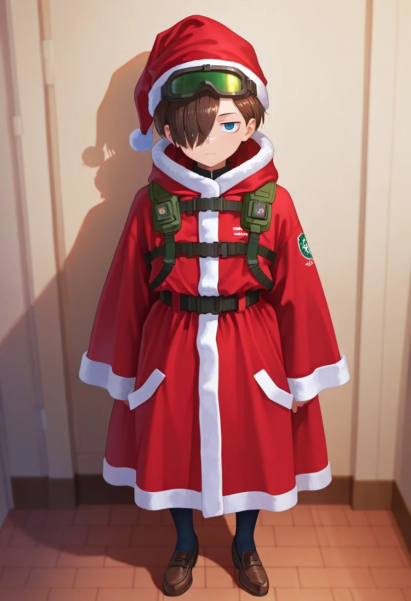masterpiece, best quality, , semi-realistic, looking at viewer, 1boy, solo, male focus, <lora:kyoutarou_ichikawa_ilxl:0.9>, kyoutarou_ichikawa, brown hair, blue eyes, short hair, hair over one eye, bangs, , Dressy joggers, Tangerine Baseball henley, Loafers, Santa Claus hat, and andNight Vision Goggles