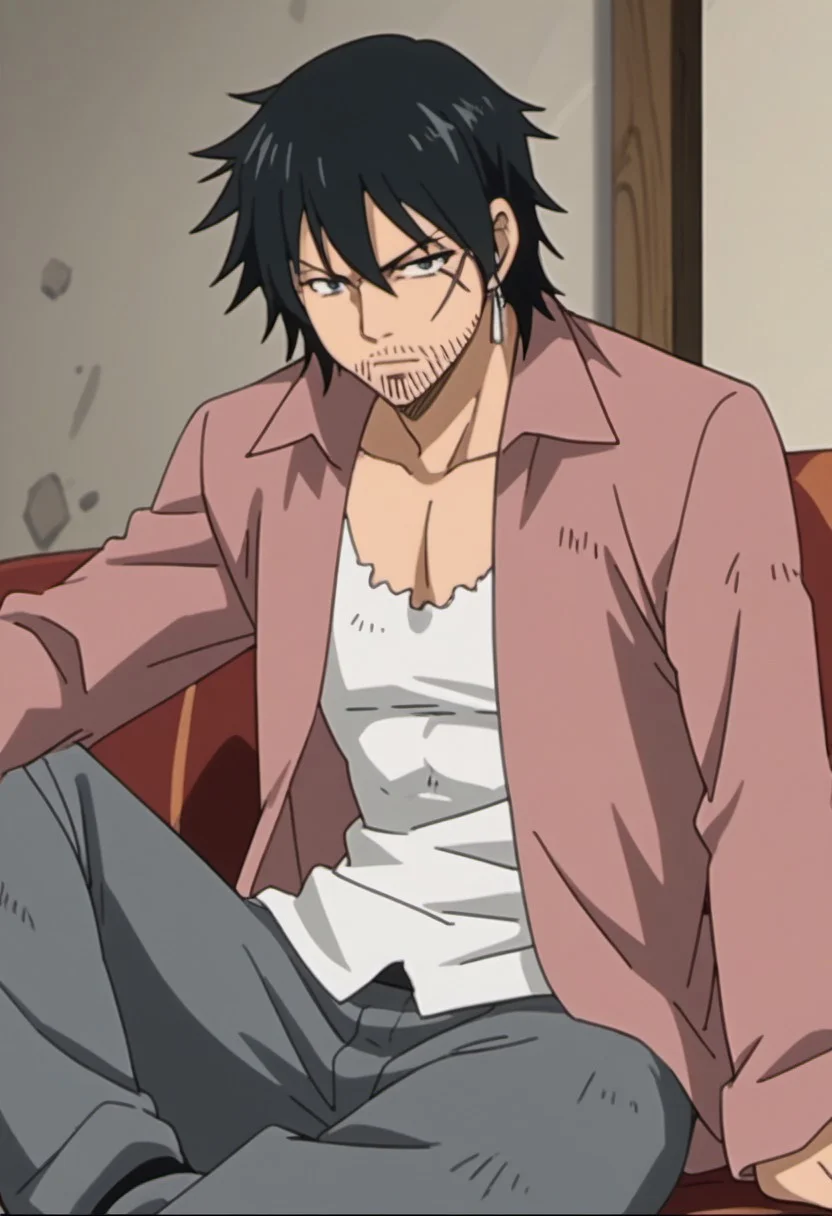 score_9, score_8_up, score_7_up, source_anime, rating_safe, MestFT, Mest scar, grey Mest earrings, 1boy, male focus, anime screencap, black Mestu hair, red Mest jacket, white Mest shirt, dark grey Mest pants, cropped feet, sitting,