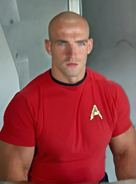 1boy, 20 year old male, Handsome, masculine, blonde, star trek, red shirt, muscle, tall, tight shirt, wide pectorals, big shoulders, wide shoulders, muscular neck, German, bald, big pale blue eyes,
stunf, star trek uniform,