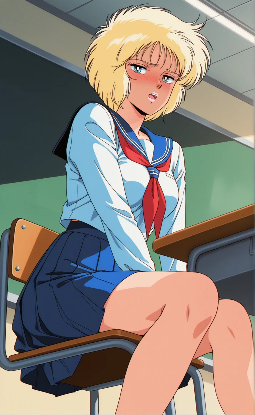 1girl,gndmzzemronc,retro artstyle,1980s (style),solo, blonde hair, short hair,eyelashes, blue eyes,medium breasts, lipstick,(serafuku, pleated_skirt :1.1), ,indoors,classroom,looking at viewer,jitome ,from below,open mouth ,nose blush,,sitting chair,table ,,embarrassed , best quality,masterpiece,sensitive, <lora:GundamZZEmaryOunceNoobAI2:1>