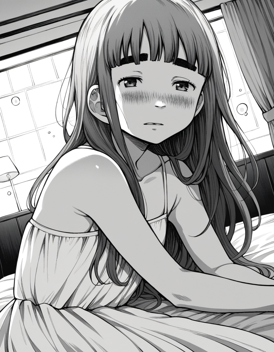 score_9, score_8_up, score_7_up, source_anime,
aikotanaka, <lora:aiko-tanaka-manga-ponyxl-lora-nochekaiser:1>,
aiko tanaka, long hair, bangs, thick eyebrows, blush, greyscale, monochrome,
dress, white dress, collarbone, bare shoulders, sundress,
indoors, bed, bed room, on side, blush, drunk,
looking at viewer, cowboy shot, solo, dutch angle,