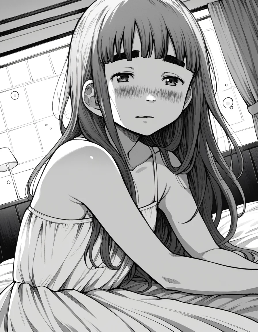score_9, score_8_up, score_7_up, source_anime,
aikotanaka, <lora:aiko-tanaka-manga-ponyxl-lora-nochekaiser:1>,
aiko tanaka, long hair, bangs, thick eyebrows, blush, greyscale, monochrome,
dress, white dress, collarbone, bare shoulders, sundress,
indoors, bed, bed room, on side, blush, drunk,
looking at viewer, cowboy shot, solo, dutch angle,