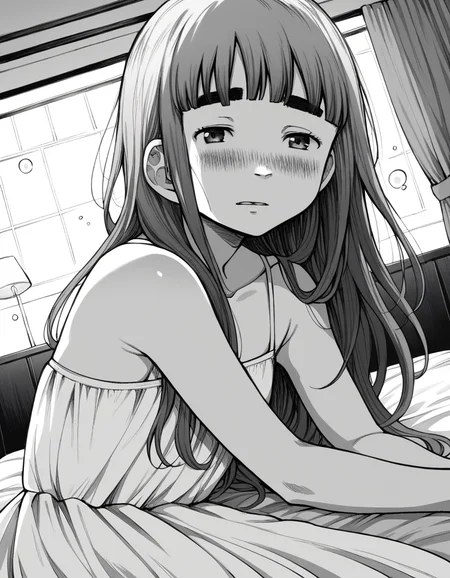 score_9, score_8_up, score_7_up, source_anime,
aikotanaka, <lora:aiko-tanaka-manga-ponyxl-lora-nochekaiser:1>,
aiko tanaka, long hair, bangs, thick eyebrows, blush, greyscale, monochrome,
dress, white dress, collarbone, bare shoulders, sundress,
indoors, bed, bed room, on side, blush, drunk,
looking at viewer, cowboy shot, solo, dutch angle,