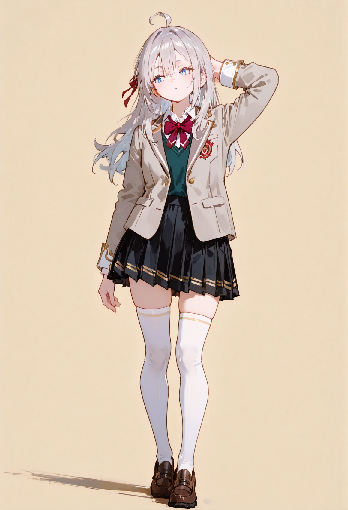 perfect quality,high quality,masterpiece,absolutely eye-catching,ambient occlusion,raytracing,dynamic_angle,full_shot,arm_behind_head,
AlisaMikhaylovna Cyql,1girl,solo,long hair,ahoge,bangs,hair between eyes,grey hair,blue eyes,ribbon,hair ribbon,school uniform,bow,red bow,bowtie,jacket,blazer,grey jacket,shirt,long sleeves,skirt,pleated skirt,zettai ryouiki,black skirt,thighhighs,white thighhighs,loafers,shoes,brown footwear,
full body,standing,palegreen background,simple background,
<lora:Alisa Mikhaylovna2:1>,<lora:spo_sdxl_10ep_4k-data_lora_webui:0.5>,<lora:EtherSDXL:0.7>,EtherStyle,<lora:748cmSDXL:0.7>,748cmstyle,