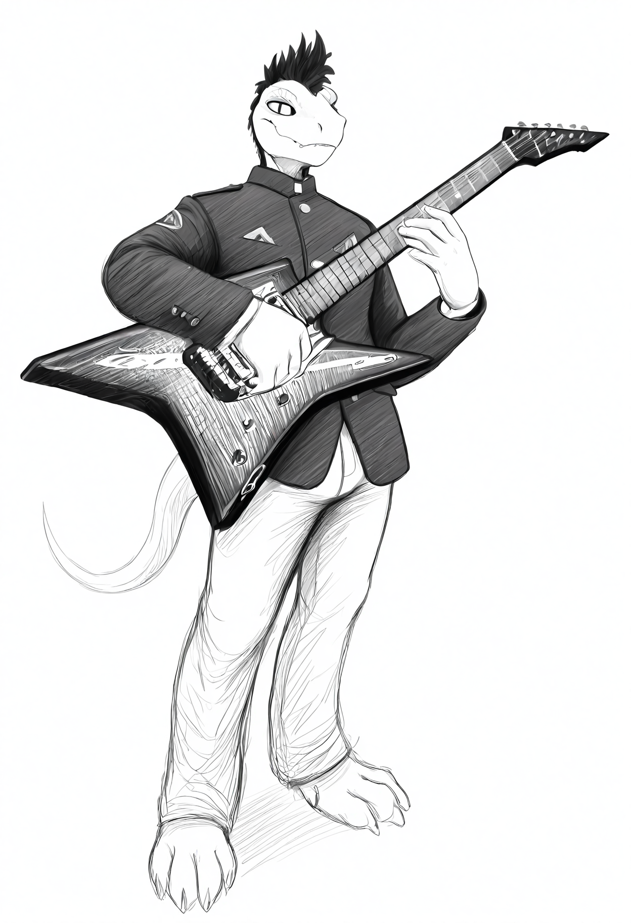 masterpiece, best quality, amazing quality,  white background, sketch, black and white, monochrome, BREAK
solo, scalie male, sc1r0cc0, mohawk, vertical slit pupils, tail, black jacket, guitar, holding instrument, BREAK
<lora:cfg_scale_boost:.5> <lora:Scirocco_Sasazaki_-_ILXL:1> <lora:Hladilnik_Sketch_-_ILXL_Artist_Style:1>