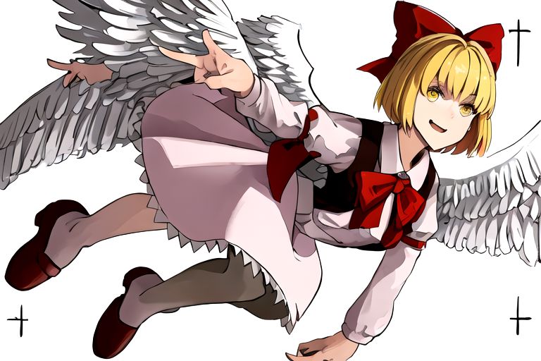 solo_focus, 1girl, ((white background, simple background)):2, (((masterpiece))), ((best quality)), ((ultra-detailed)), high resolution, absurdres, highres, ultra-detailed 8k unity wallpaper, 
solo, 1girl, gengetsu, 
arcueid_\(tsukihime\), 
solo, 1girl, smile, short_hair, shirt, breasts, blonde_hair, bow, long_sleeves, skirt, ribbon, dress, yellow_eyes, hair_bow, thighs, collared_shirt, red_bow, wings, vest, bowtie, black_pantyhose, red_vest, pink_shirt, red_bowtie, feathered_wings, pink_dress, open_vest, white_shirt_white_skirt, white_shoes, blonde_short_hair, red_head_bow_ribbon, one_piece_head_bow_ribbon, bow_ribbon, white_angel_wings, white_drees, brown_vest, wear_outside, twin_wings,