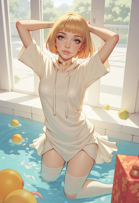 vantablack, OBxiaoxiang
solo, overflow, hoodie, dress lift, shoulder tattoo, looking up, bdsm, shirt, outdoors, female pubic hair, smile, collar, fruit, tanlines, blonde hair, kneeling, blurry background, window, gift, arms up, elbow gloves, looking back, bob cut, pool, bangs, from behind, brown eyes