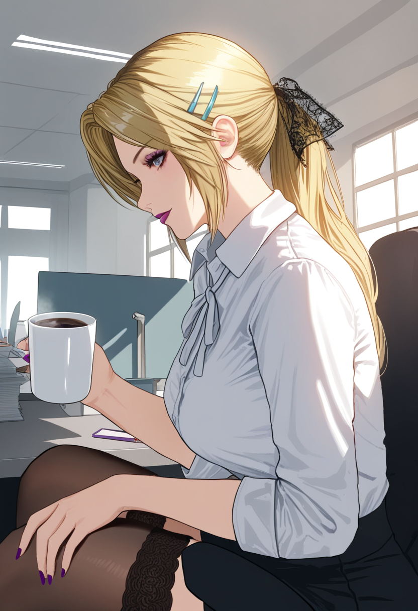 masterpiece,best quality,high score,great score,absurdres,ultra details,
helena \(doa\),1girl,blonde_hair, solo,black hair bow, lace hair bow, 
makeup,eyelashes, eyeliner, eyeshadow,purple lips,upper_body, holding coffee,  
office lady, hairclip, golden blue claw hairclip,  shirt, white shirt, collared shirt, sleeves past elbows, neck ribbon, white neck ribbon, button \(fastener\), skirt, pencil skirt, black skirt, side slit skirt, thighhighs, black thighhighs, lace-trimmed legwear,
busy office,french window, mansion,window light, <lora:doa_helena_Anim4gine_v10:0.9>
