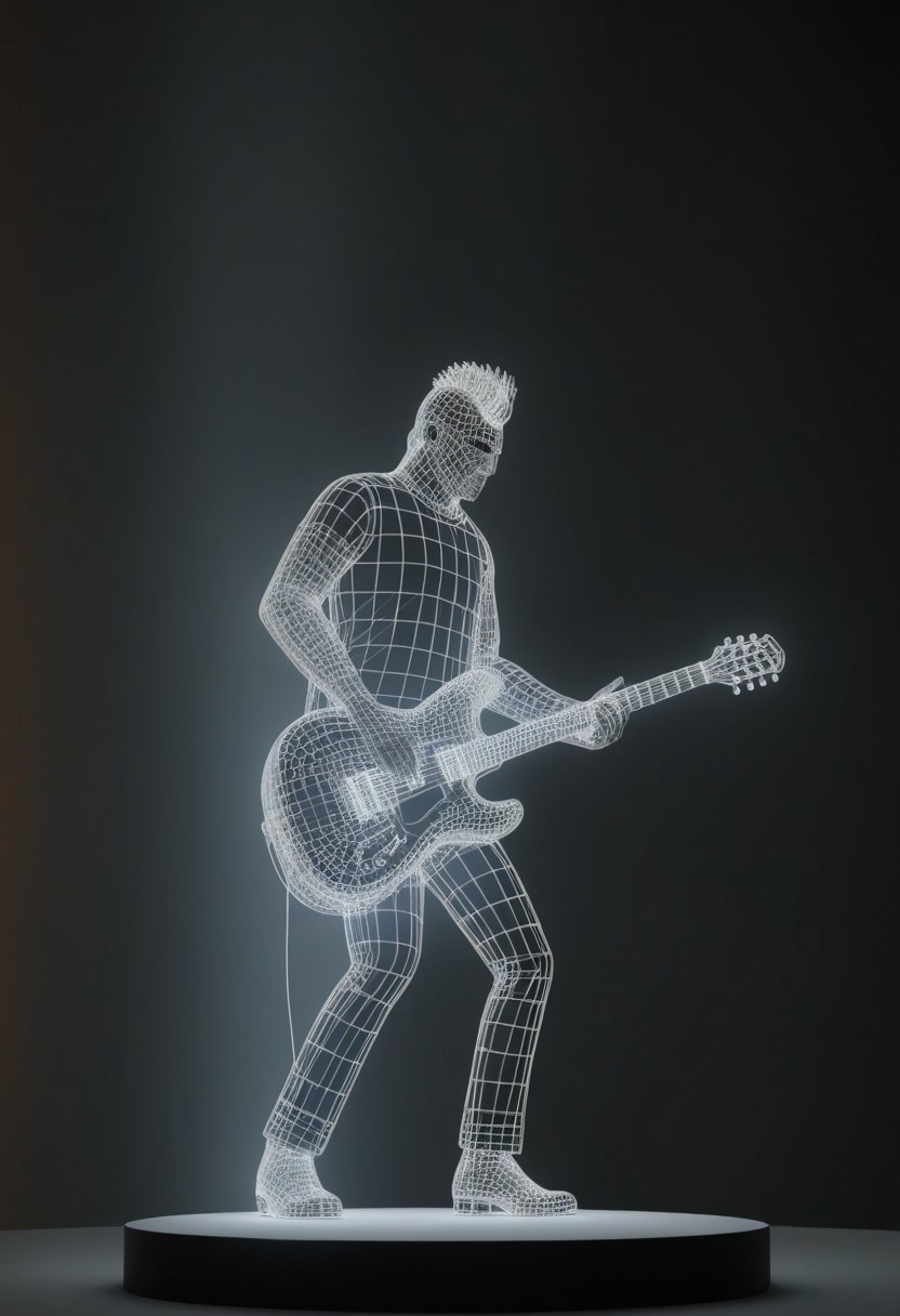 civitametapunkSDXL, Wireframe model of a musician playing a guitar on a stage with concert lights