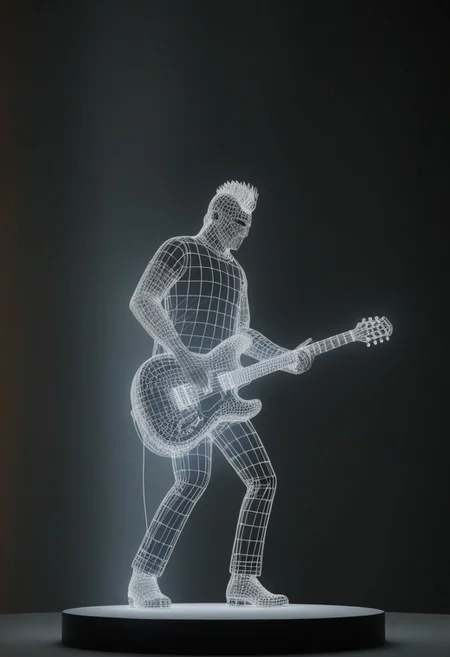 civitametapunkSDXL, Wireframe model of a musician playing a guitar on a stage with concert lights
