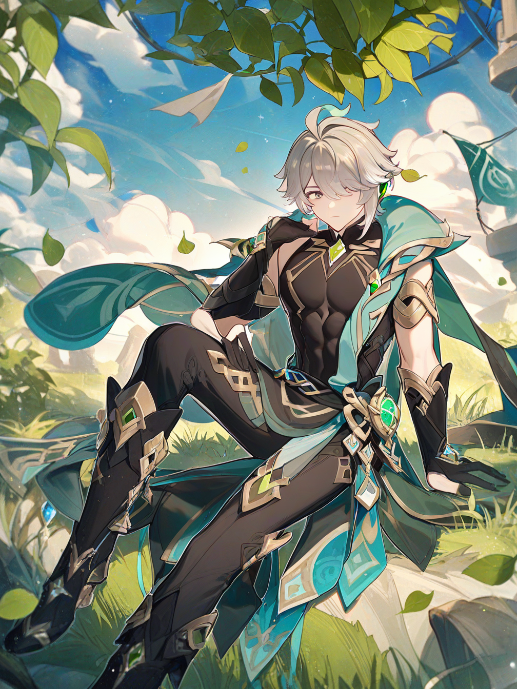 alhaitham (genshin impact),male focus,1boy,short hair,outdoors,cloud,grey hair,sitting,sky,gloves,shirt,cable,black gloves,cape,black shirt,boots,pants,holding,solo,leaf,black footwear,black pants,sleeveless shirt,elbow gloves,ahoge,green gemstone,cloudy sky,day,sleeveless,closed mouth,plant,partially fingerless gloves,blue sky,gem,parted bangs,sidelocks,green cape,scenery,hair between eyes,multicolored hair,flag,grass,
<lora:qian_qian_jie_2-000022:1>,