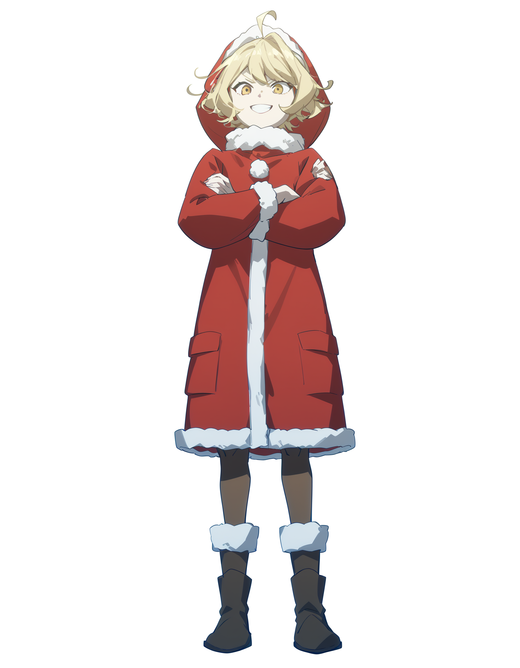 score_9,score_8_up,score_7_up,lamiya,anotherstyle,1girl,solo,blonde hair,crossed arms,yellow eyes,santa costume,grin,smile,pantyhose,boots,full body,ahoge,hat,fur trim,hood,christmas,white background,<lora:lamiya_pony:0.75>,<lora:Anime_Screencap:1>,anime screencap,