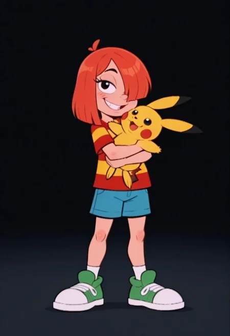 score_9, score_8, score_7_up, source_cartoon, orginal source, parody highres, absurdres, masterpiece, highly detailed, rating_safe, solo, BREAK,
WACGRANDD, 1girl, red hair, hair over one eye, orange hair, shirt, red shirt, yellow shirt, striped shirt, striped, blue shorts, green shoes, shorts, shoes,
1girl, stuffed toy, stuffed animal, solo, smile, blush, open mouth, object hug, black background, upper body, looking at viewer, :d doll hug, holding stuffed toy, pikachu, teeth