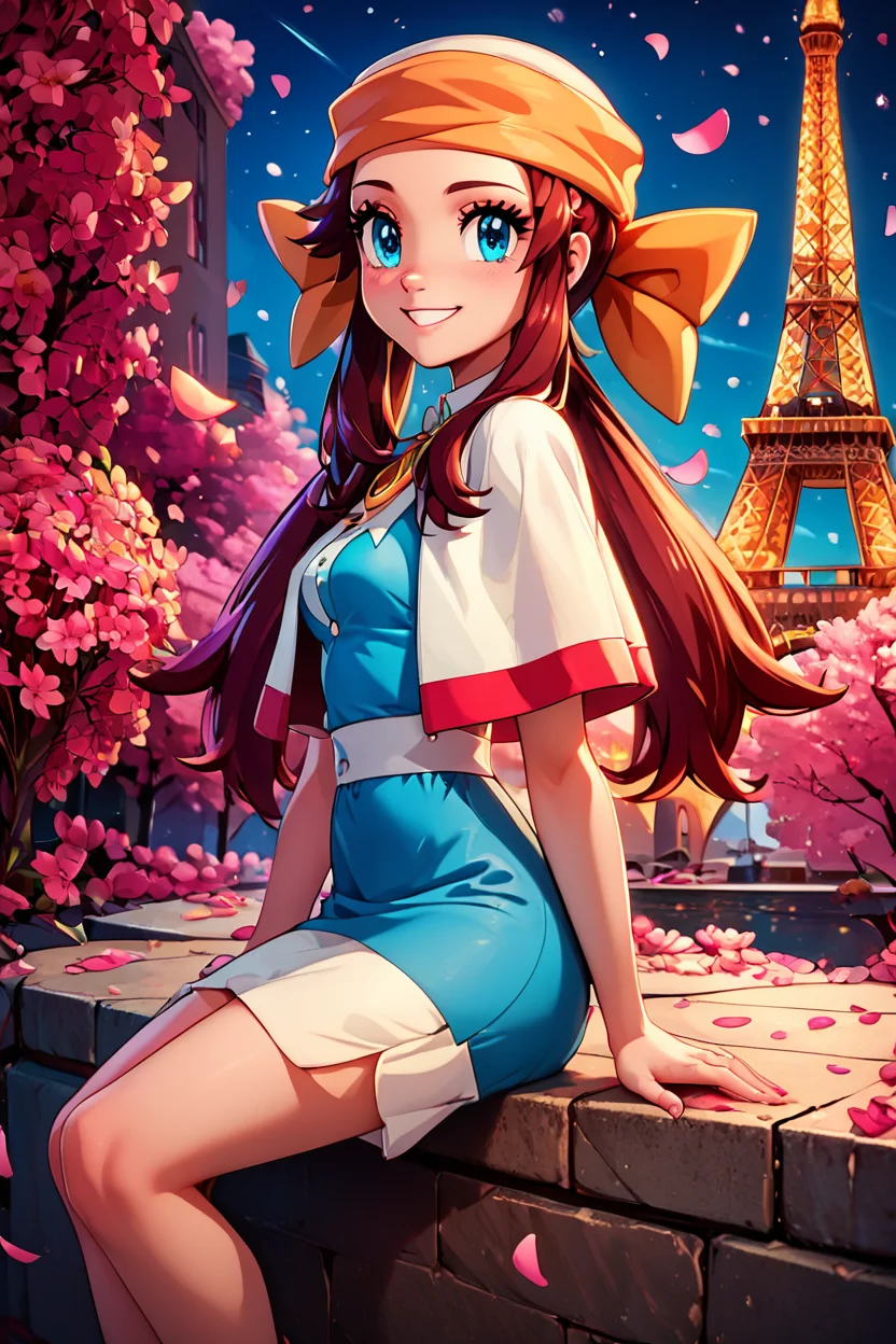 score_9, score_8_up, score_8, medium breasts, (curvy), cute, eyelashes, BREAK, , zzMelody, twintails, dress, bandana, blue shirt, white capelet, <lora:Melody_Pokemon_PDXL:1.0>, , BREAK, zzEiffelTower in background, sitting, watercraft, boat, sitting on wall, side view, looking at viewer, smile, BREAK, blooming stars, luminescent petals, otherworldly fragrance blurry background, embedding:zPDXL, Expressiveh, <lora:EiffelTowerPDXL:0.8>, <lora:CatalystStylePDXL:0.6>, <lora:SDXLFaeTastic2400:0.5>, <lora:Expressive_H-000001:0.4>,