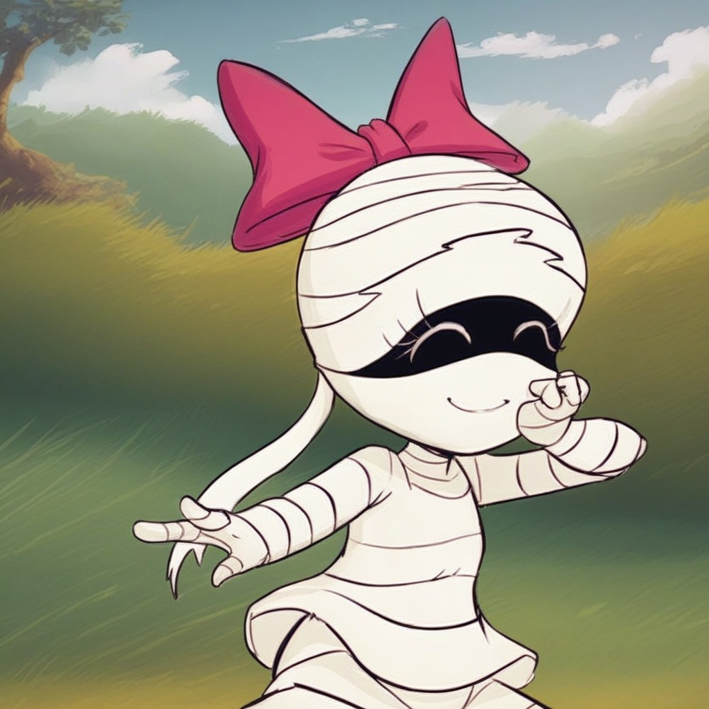 score_9, solo, tanis, mummy girl, bandages, bow, cute, outdoors