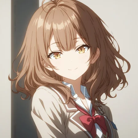 1girl, solo, <lora:Maria_Mikhailovna_Kujou_Masha:1>, best quality, brown hair, golden eyes,school uniform with a white blouse, soft smile, <lora:GLSHS:0.8>