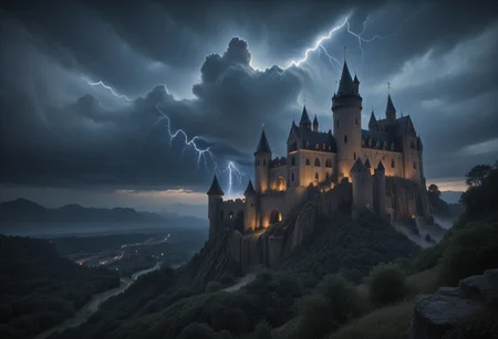 Stable_Yogis_PDXL_Positives, masterpiece,best quality,amazing quality,very aesthetic,high resolution,ultra-detailed,absurdres,newest, outdoors, mw01out, mwl01, castle, castle on the edge of a cliff, white walls, purple turrets, nighttime, night, stars, moonlight, thunderstorm in the distance, thunderclouds, overlooking a distant valley