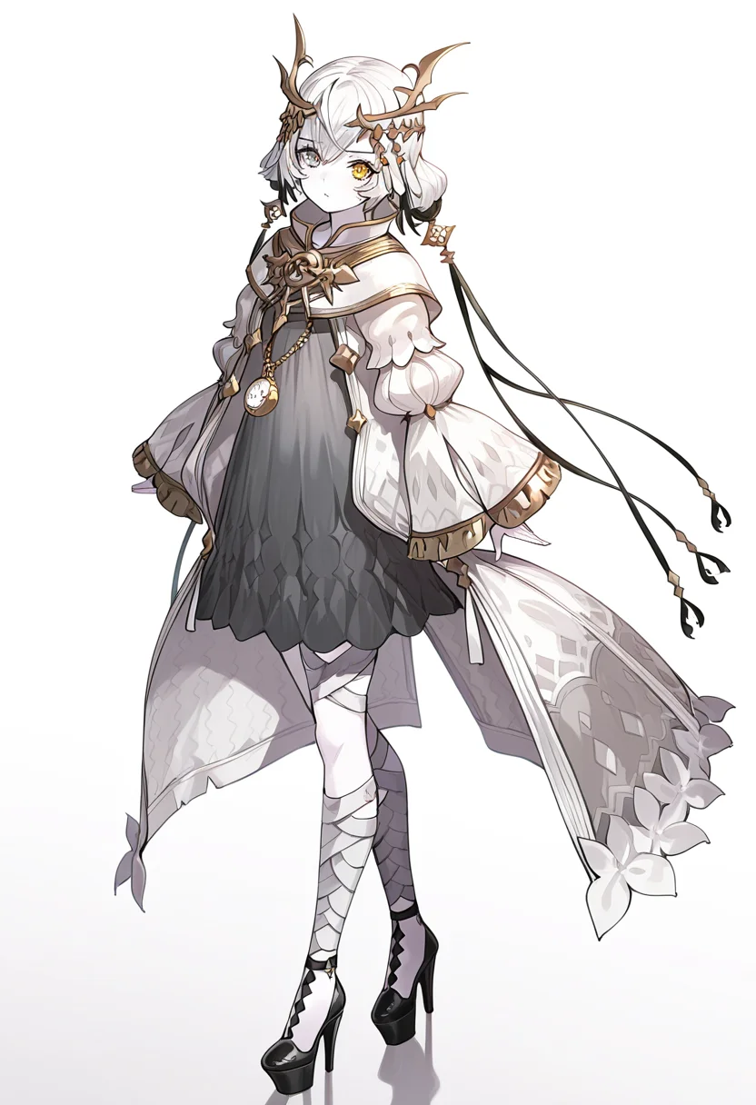 1girl, sole, masterpiece, best quality, high quality, kara ideasu(ryza), white hair, short hair, hair ornament, pale skin, heterochromia, yellow eyes, grey eyes, grey dress, white coat, pendant watch, bandages leg, high heels, upper body, looking at viewer