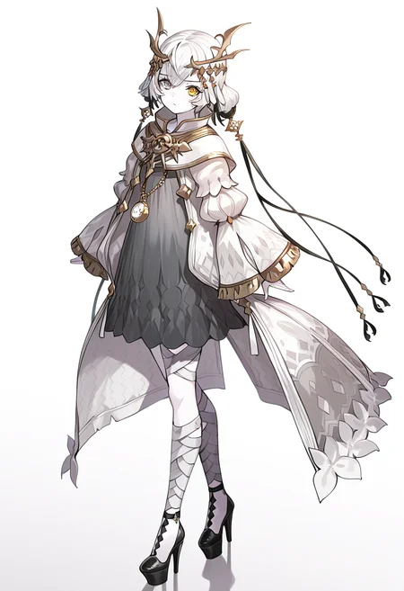 1girl, sole, masterpiece, best quality, high quality, kara ideasu(ryza), white hair, short hair, hair ornament, pale skin, heterochromia, yellow eyes, grey eyes, grey dress, white coat, pendant watch, bandages leg, high heels, upper body, looking at viewer