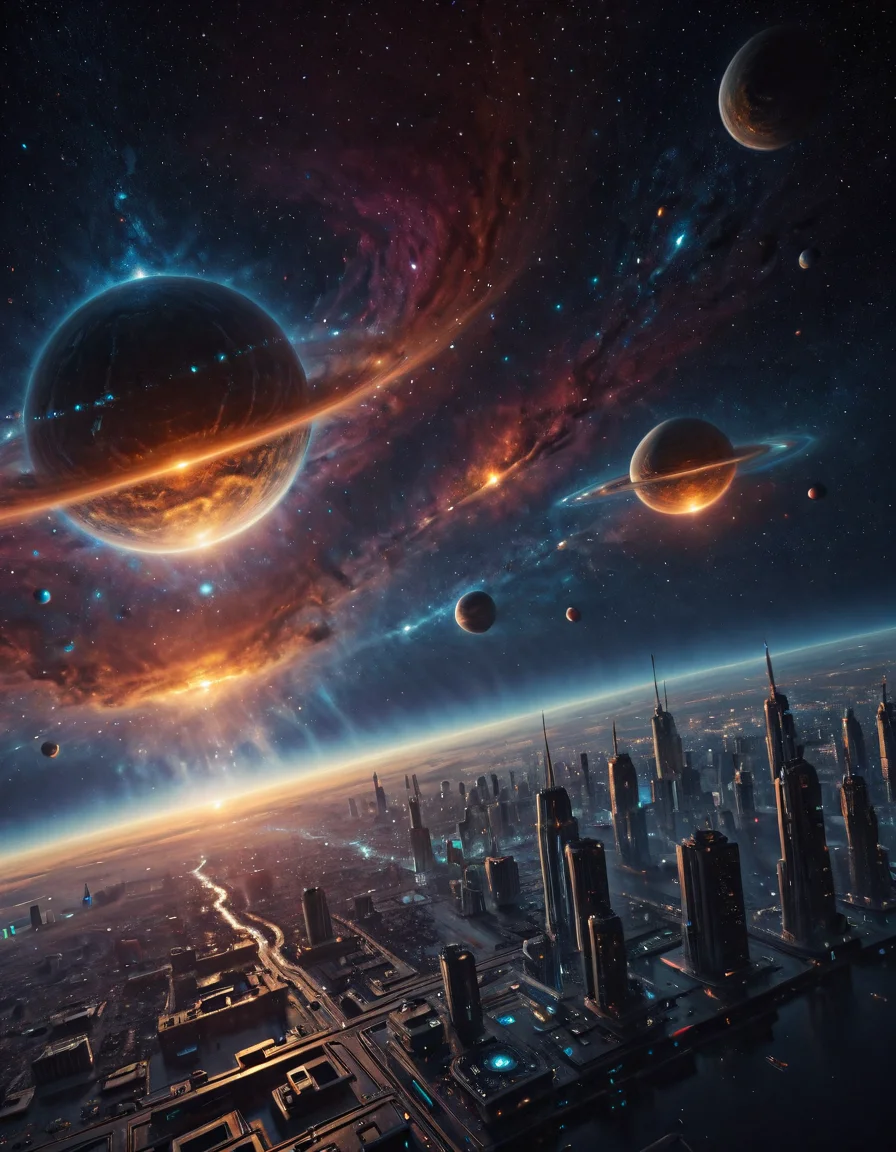 <lora:Space_Worlds_Minis_2:1> swminis2, cyberpunk city, space, nebula