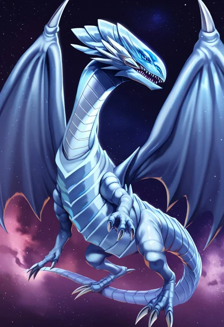 score_9_up, score_8_up, score_7_up, absurdres, masterpiece, best quality BREAK blue-eyes white dragon, dragon, giant dragon, chrome metal scales, metallic scales, realistic metal scales, scaly body, polished scales, reflective metal scales, segmented body, claws, wings, dragon wings, blueeyes, (glowing blue eyes), (cosmic background with beautiful celestial light)