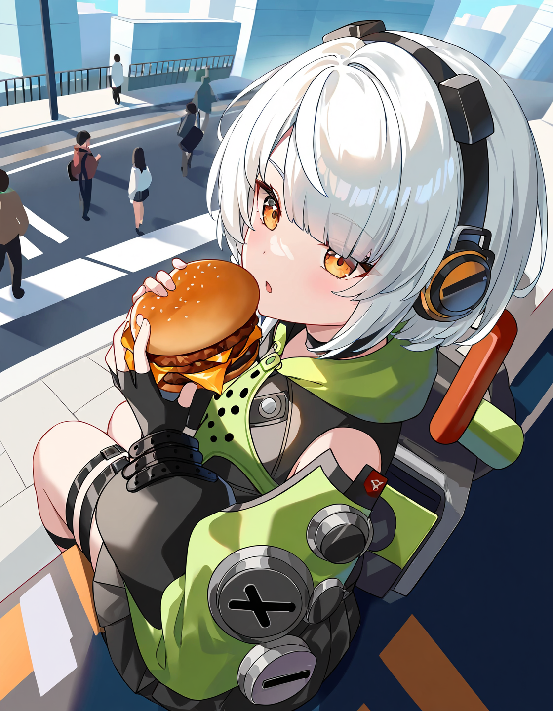 (masterpiece, best quality, Good quality,) very aesthetic, highres, absurdres, newest, [hitsukuya,]
1girl, anby_demara,  zenless zone zero,   white hair, orange eyes, short hair,
holding, burger, eating, sitting, from above, from side, close-up,
expressionless, open_mouth, parted_lips,
outdoors, outdoors, day, solo focus, street, building, people, 

