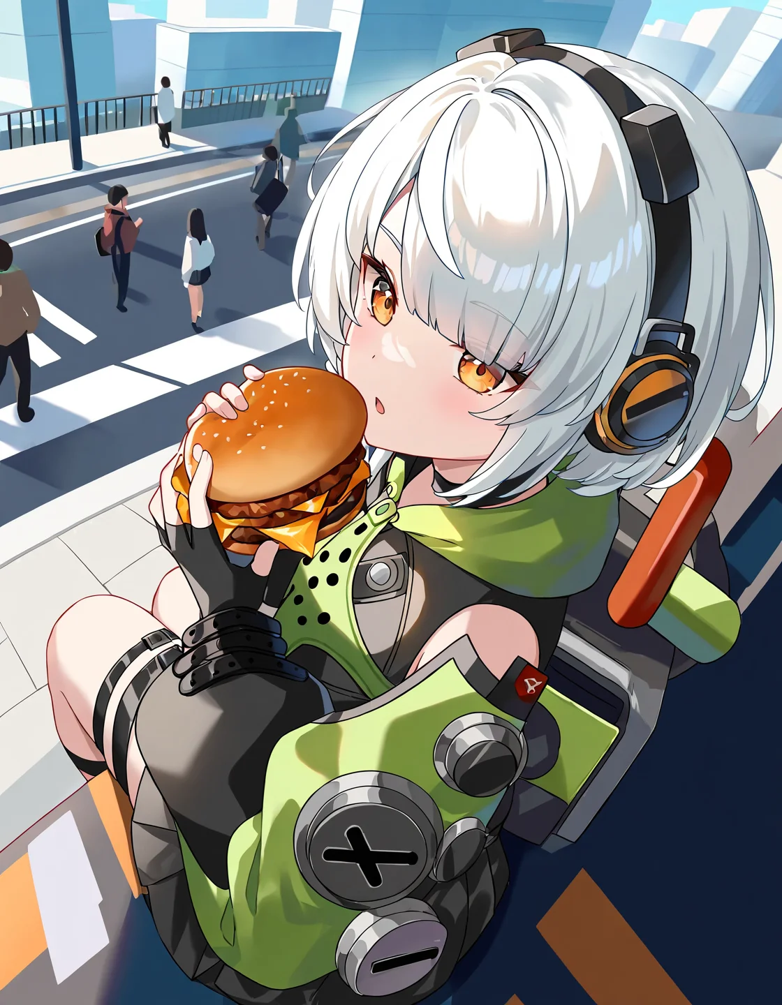 (masterpiece, best quality, Good quality,) very aesthetic, highres, absurdres, newest, [hitsukuya,]
1girl, anby_demara,  zenless zone zero,   white hair, orange eyes, short hair,
holding, burger, eating, sitting, from above, from side, close-up,
expressionless, open_mouth, parted_lips,
outdoors, outdoors, day, solo focus, street, building, people, 

