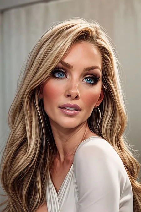 1 girl 35 years old, mature female, milf, blonde hair, long hair, straight hair, blue eyes, black eyebrows, big breast, amazing pert butt, amazing thighs, make up, round earrings, Portrait, close up,  milfy_mindy, hotmama, looking at the view, detail face, head turned,  white dress decollete