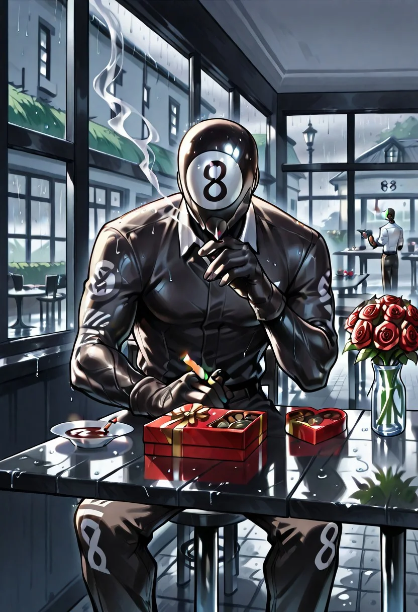 <lora:8ball:1.0>, 8ball, Fortnite, male, (black body, black skin, black gloves), (((Mask with number 8 written on it, written eight))), (5 fingers), fully clothed, (((all character black body))),
White collared shirt, black pants, Indoor, cafe, sitting at a table, smoking cigarette, cigarette in hand, blowing smoke, head resting one one hand, rainy day, looking out of window, view through windom, viewer outside, water running down window, heart shaped chocolate box on table, bouquet of roses on table,
